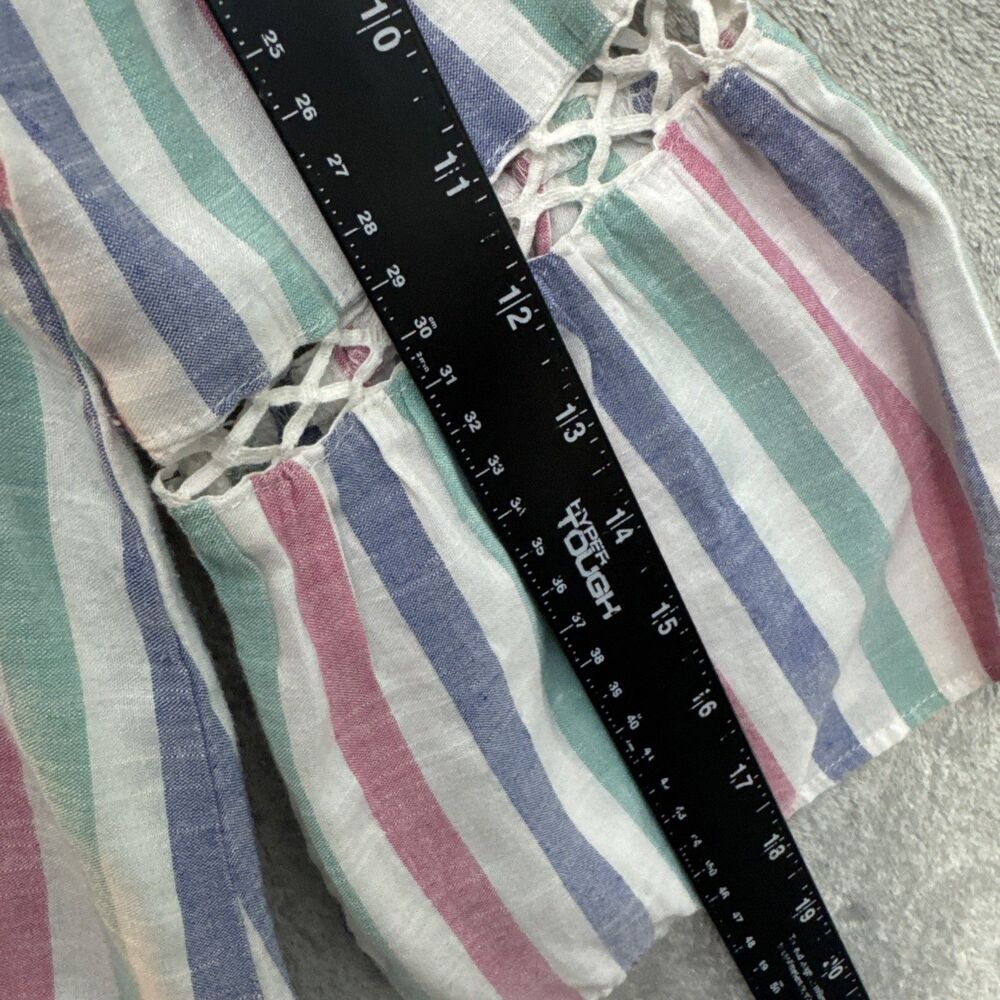 Oddi top med pullover striped 3/4 bell sleeve blue pink white vneck rayon blend - Picture 6 of 8